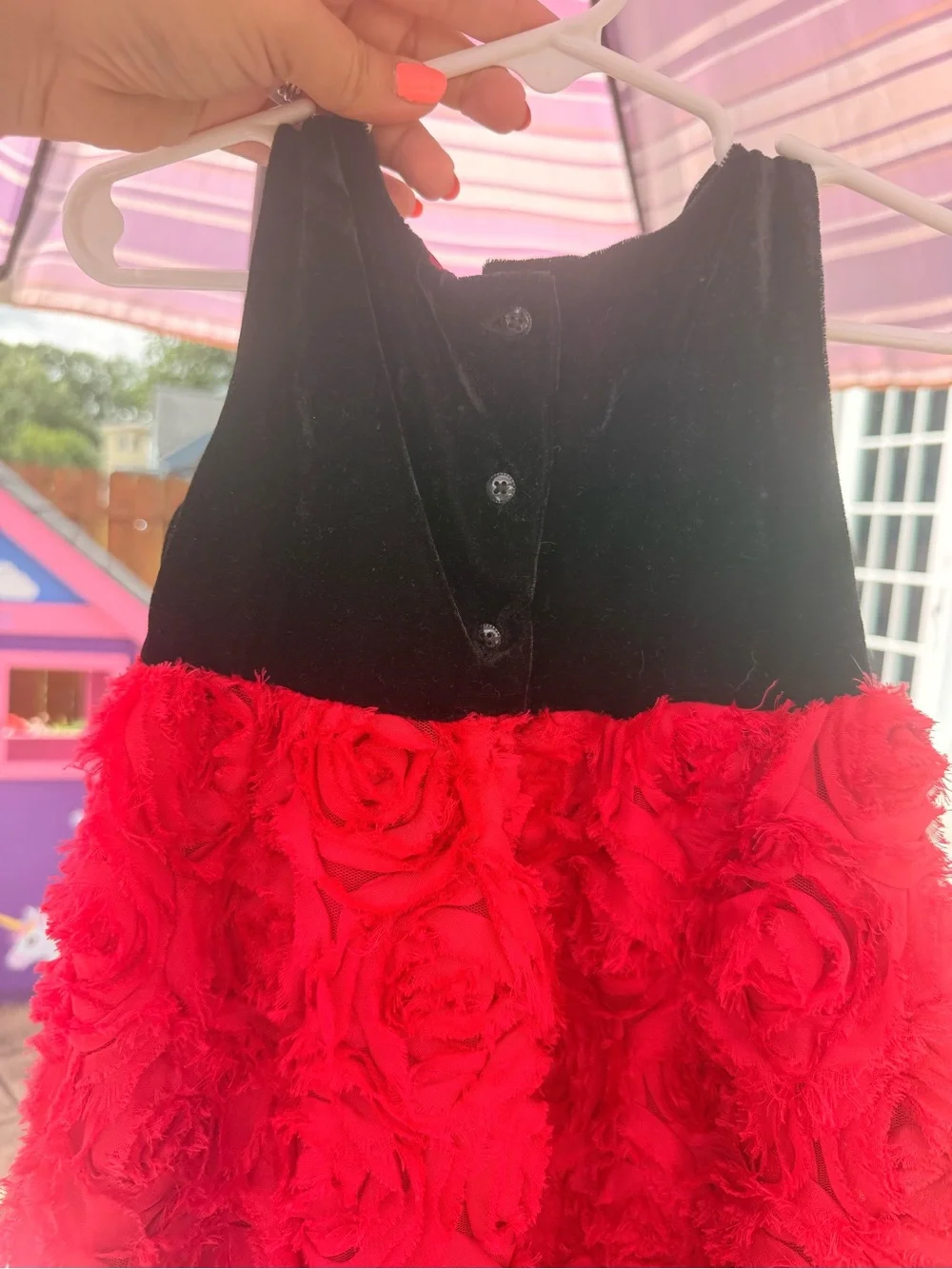 Red Floral Rosette Party Dress with Black Bodice and Bow - girls’ size 3t